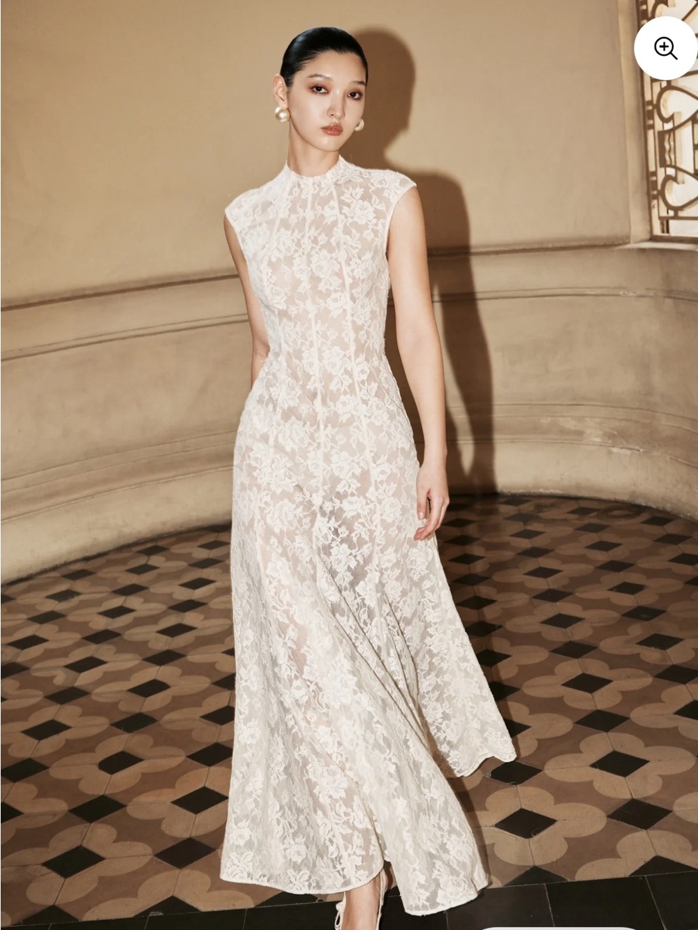 Women's White Lace Midi Dress with High Neck
